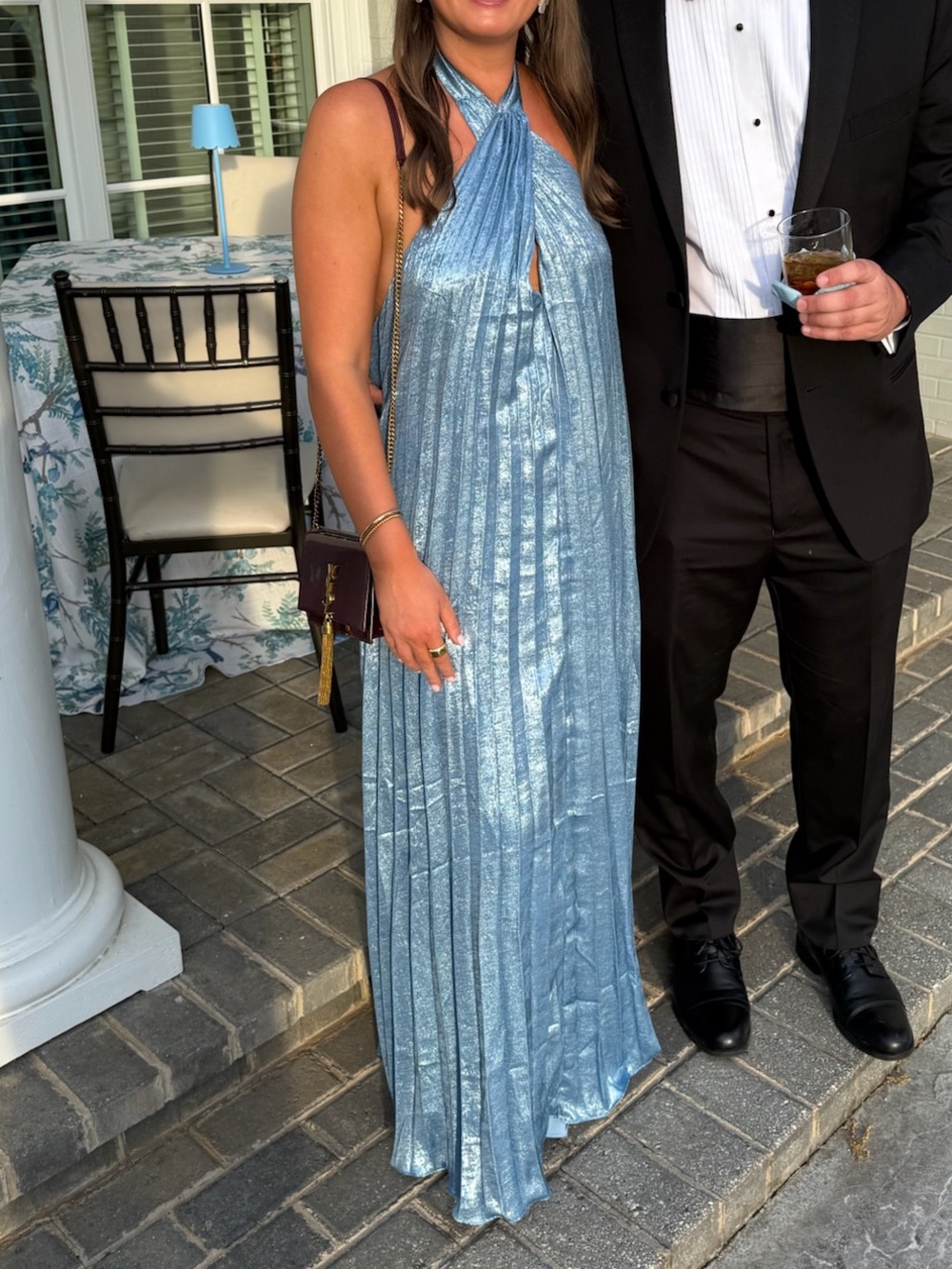 Lulu's Metallic Light Blue Pleated Maxi Halter Dress